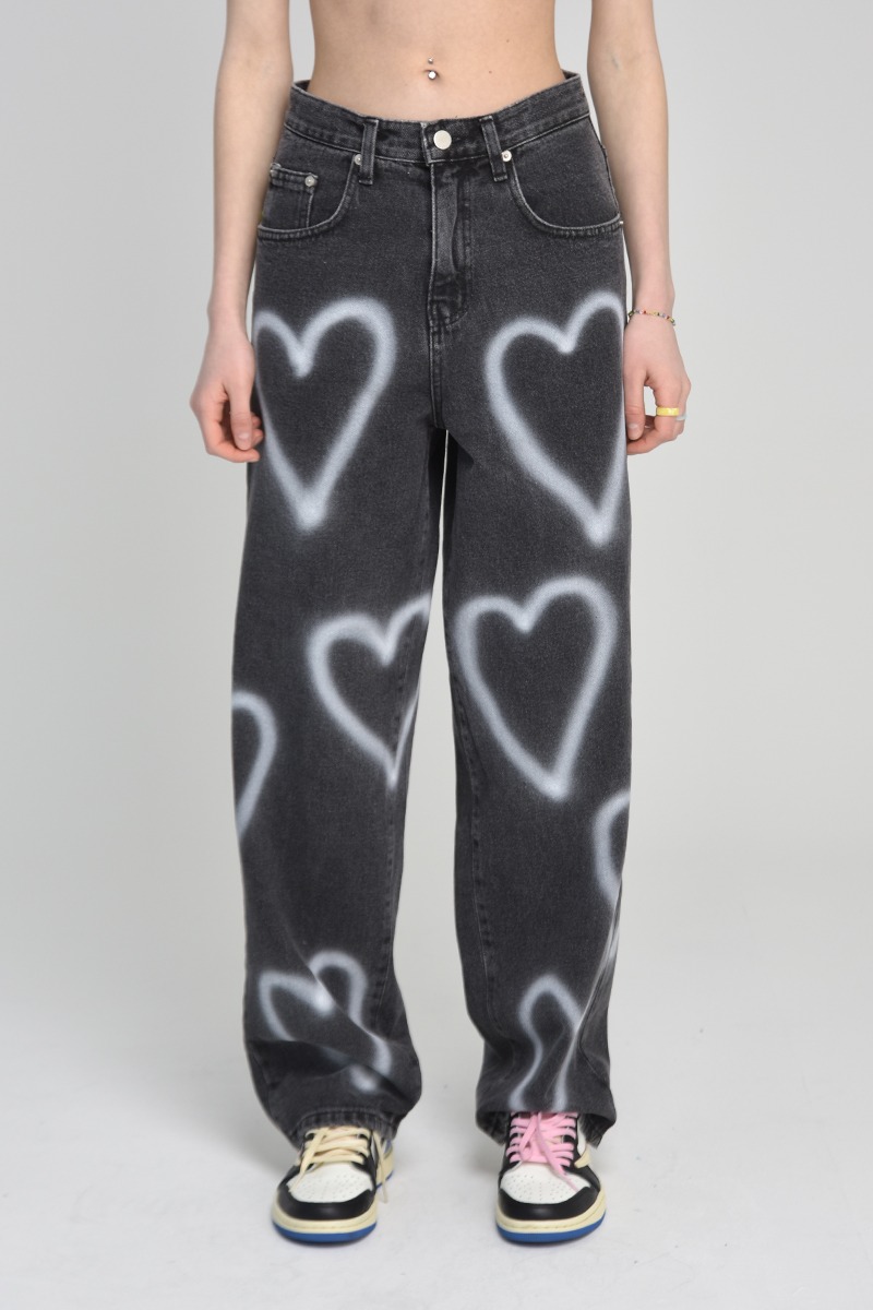 [unisex] heart denim pants (black)